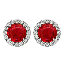 Ronde geslepen rode robijn met diamanten 9.50 Ct oorknopjes wit goud 14K