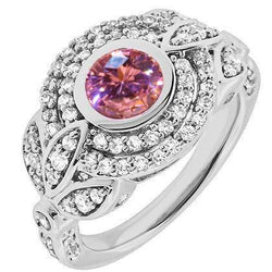 Ronde geslepen roze saffier diamanten ring 2.50 karaat witgoud 14K