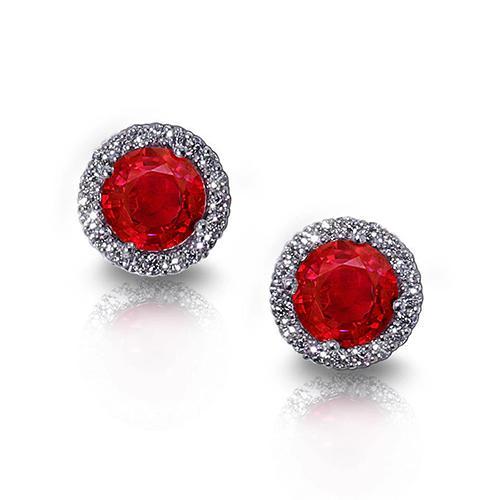 Ronde rode robijn met halo diamant 7 ct. Dame Oorknopjes Wit Goud - harrychadent.nl