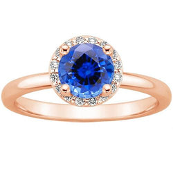 Ronde verlovingsring voor dames Halo Blue Sapphire Rose Gold 2,50 karaat