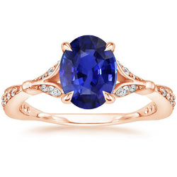 Rose Gold Edelsteen Ring Split Shank Blauwe Saffier & Diamanten 3 Karaat
