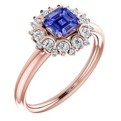 Rose Gold Halo Ring Asscher Cut Ceylon Sapphire Flower Style 3 Karaat