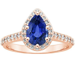 Rose Gold Halo Ring Peer Blauwe Saffier & Diamanten 3,50 Karaat
