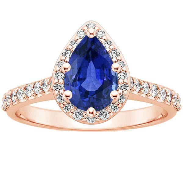 Rose Gold Halo Ring Peer Blauwe Saffier & Diamanten 3,50 Karaat - harrychadent.nl