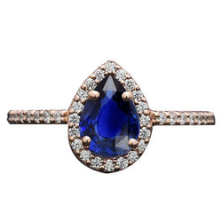 Rosé gouden halo Blauwe saffier Ring Peer geslepen & diamanten geaccentueerd 3 karaat