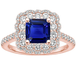 Roségouden Halo-diamant Ringkussen Blue Sapphire Center 3,75 karaat