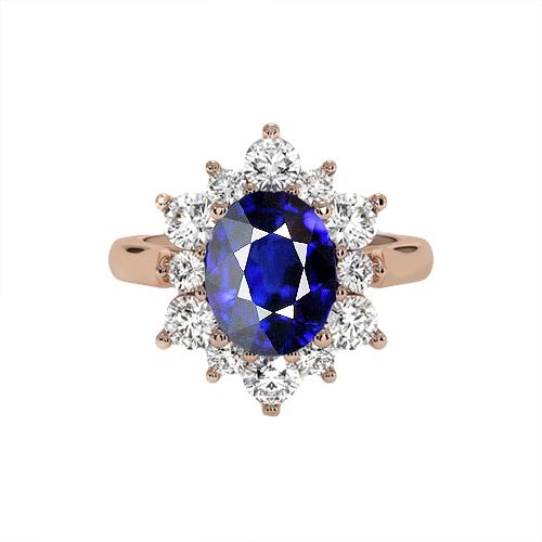 Roségouden Halo-diamantring Starburst-stijl blauwe saffier 11,25 karaat - harrychadent.nl