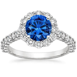 Saffier en diamanten ring wit goud fijne sieraden rond geslepen 3,40 Ct