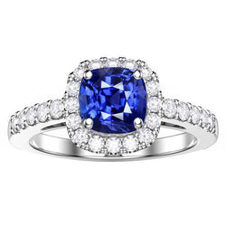Sapphire Halo Verlovingsring 3.50 karaat kussen & ronde diamanten