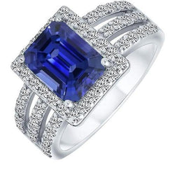 Smaragd Halo Srilanka Sapphire Ring Drievoudige schacht diamanten 5,50 karaat