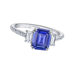 Smaragd drie stenen blauwe saffier Ring & Pave Set diamanten 3 karaat