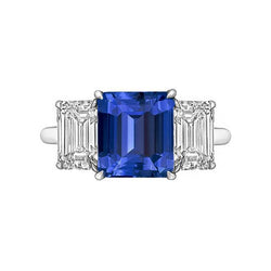 Smaragd drie stenen blauwe saffier ring 3 karaat gouden sieraden