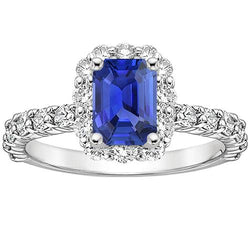 Smaragdgroene Halo Ring Sri Lankaanse saffier en diamant 4,25 karaat