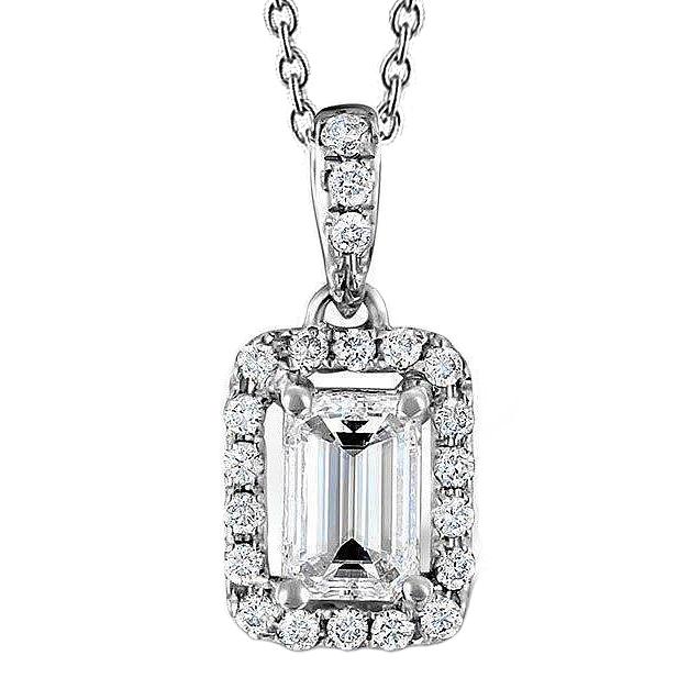 Smaragdgroene En Ronde Echt Diamanten Hanger Ketting 1,50 Karaat Witgoud 14K