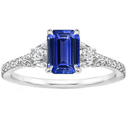Solitaire Accenten Ring 3 Steen Blauwe Saffier & Diamant 4,50 Karaat