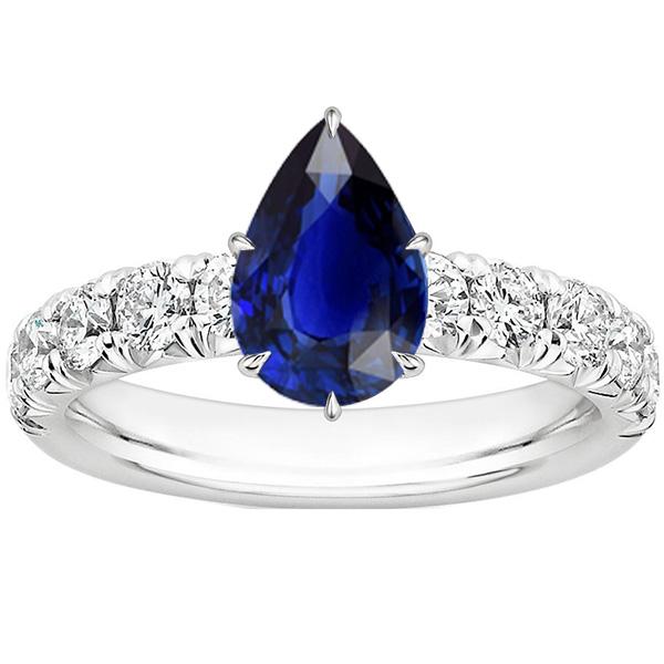 Solitaire Accenten Ring Peer Blauwe Saffier & Diamanten 5 Karaat Pave Set - harrychadent.nl