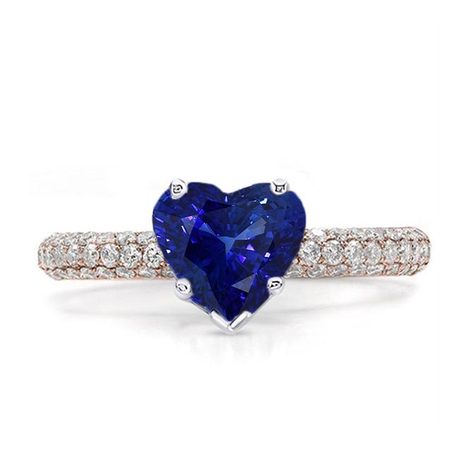 Solitaire Hart Blauwe Saffier Ring Met Pave Set Diamanten 3,50 Karaat - harrychadent.nl