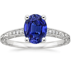 Solitaire Met Accenten Blauwe Saffier Ring Milgrain Schacht 3 Karaat