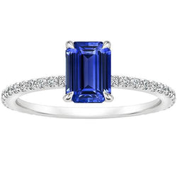Solitaire Met Accenten Pave Set Ring Blauwe Saffier & Diamanten 3 Karaat