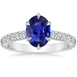 Solitaire Met Accenten Ring Blauwe Saffier & Pave Set Diamant 4 Karaat