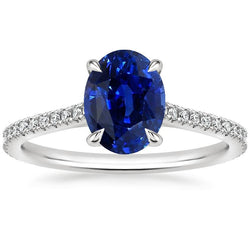 Solitaire Met Accenten Ring Blauwe Saffier & Pave Set Diamanten 3 Karaat