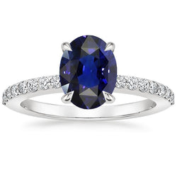 Solitaire Met Diamanten Accenten Verlovingsring Blauwe Saffier 4 Karaat