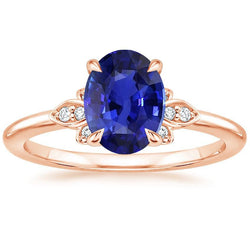 Solitaire Ring Blauwe Saffier & Diamanten Accenten 4 Karaats Bloemenstijl
