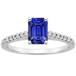 Solitaire Ring Blauwe Saffier Met Accenten Pave set Diamanten 4 Karaat