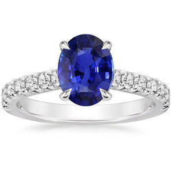 Solitaire Ring Met Diamanten Accenten Ovale Blauwe Saffier 4 Karaat