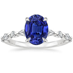 Solitaire Ring Met Peer & Ronde Diamant Accent Blauwe Saffier 4 Karaat