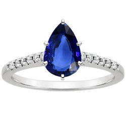 Solitaire Ring Peer Blauwe Saffier Met Accenten Pave Diamanten 5 Karaat