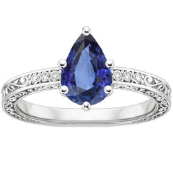 Solitaire Ring Peer Blauwe Saffier Met Diamant Filigraan Schacht 4 Karaat