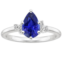 Solitaire Ring Peer Blauwe Saffier Met Ronde Diamanten Accenten 5 Karaat