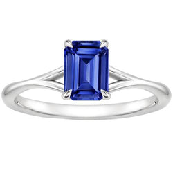 Solitaire Ring met smaragdblauwe saffier, gespleten schacht 2.50 karaat witgoud