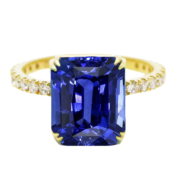 Solitaire Smaragd Blauwe Saffier Ring Met Diamanten Accenten 4,50 Karaat