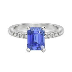 Solitaire Smaragd Blauwe Saffier trouwring met diamanten accenten 3 karaat