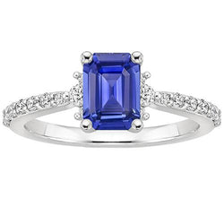 Solitaire accenten ring blauwe saffier & diamant 4 karaat smaragd geslepen