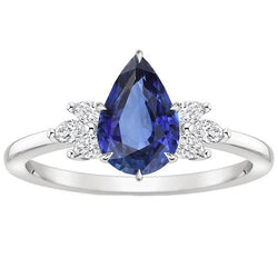Solitaire blauwe saffier ring peer geslepen met diamanten accenten 5 karaat