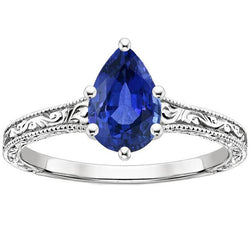 Solitaire blauwe saffier ring peer gesneden 4 karaat antieke stijl