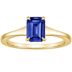 Solitaire blauwe saffier ring smaragd geslepen 3 karaat geel goud 14K