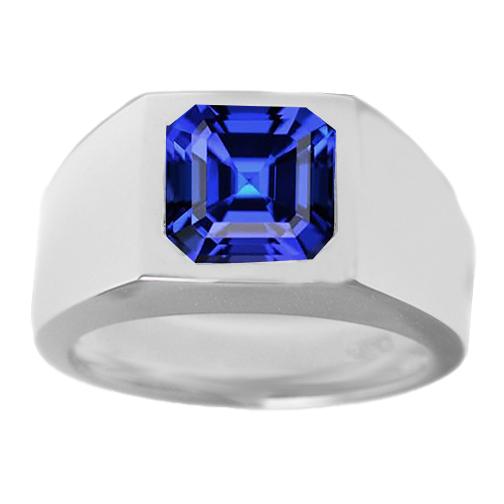 Solitaire herenring 1,50 karaat verzonken set blauwe saffier Asscher Cut - harrychadent.nl