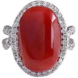 Solitaire met accent 13,75 ct rood koraal en diamanten ring Nieuw
