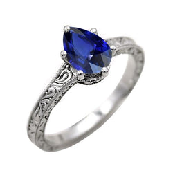 Solitaire peer blauwe saffier ring antieke stijl 2 karaat goud