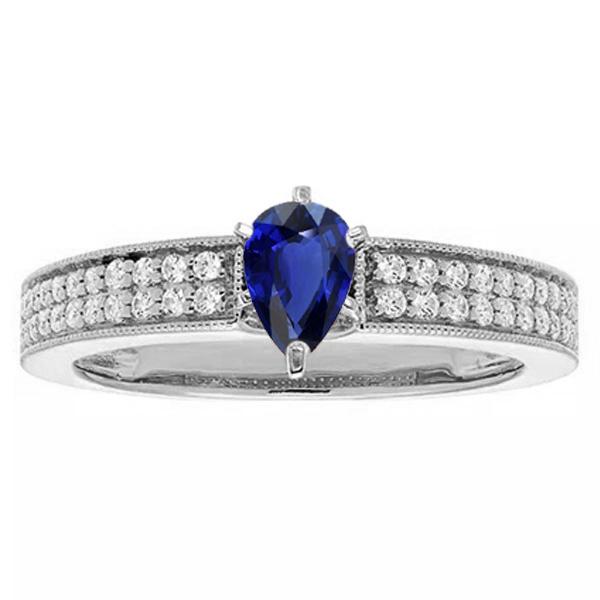 Solitaire peer blauwe saffier ring met diamanten accenten 3 karaat - harrychadent.nl