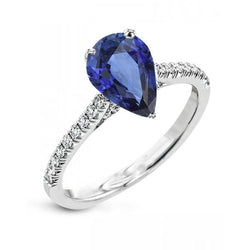 Solitaire peer blauwe saffier ring met schelp set diamanten 3 karaat