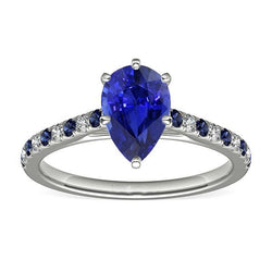 Solitaire peer geslepen ring met blauwe saffier en diamanten accenten 2,50 karaat