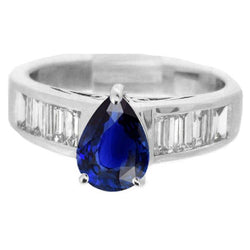 Solitaire ring met stokbrood diamanten accenten blauwe saffier 3,50 karaat