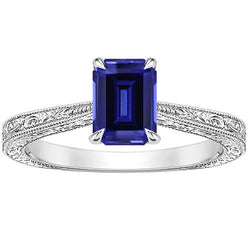Solitaire ring voor dames Smaragd blauwe saffier filigraan schacht 2,50 karaat