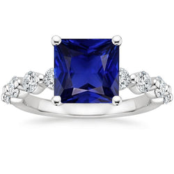 Solitaire ring voor dames met accenten 6 karaat prinses geslepen blauwe saffier