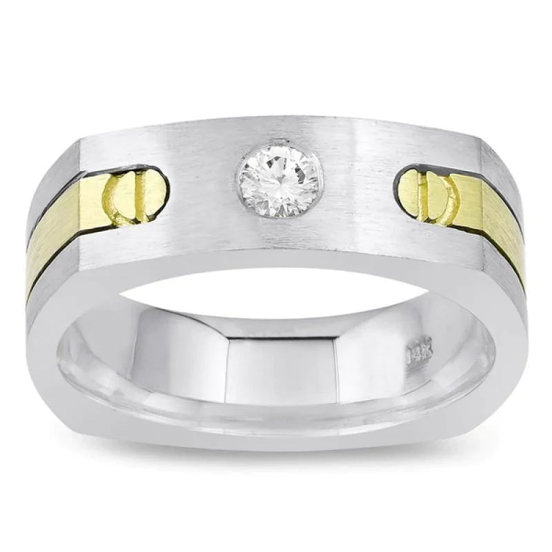 Solitaire Euro Shank Heren Ring Tweekleurige Ronde Echt Diamant